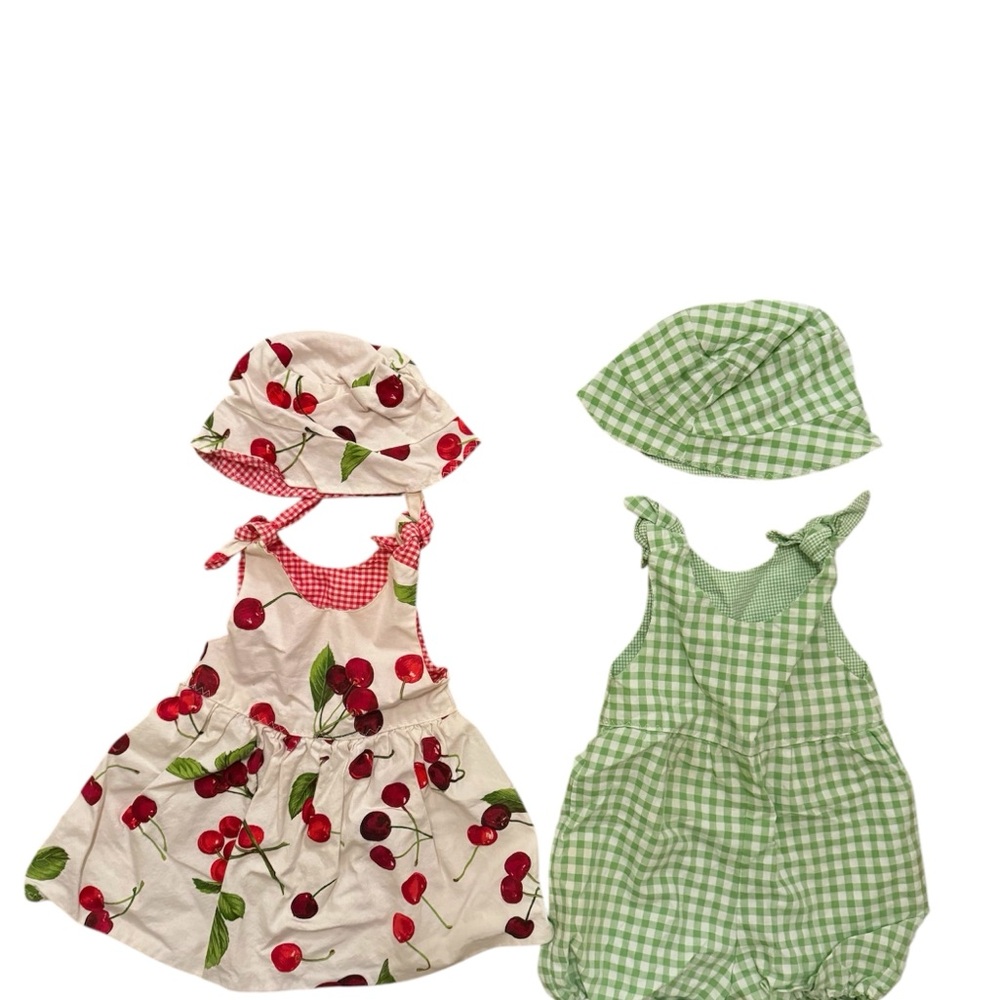 Cherry Print Dress and Green Gingham Romper Set with matching hats 9-12mo